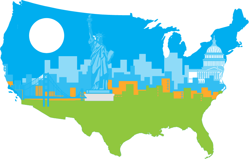 Outline of United States with landmarks blue